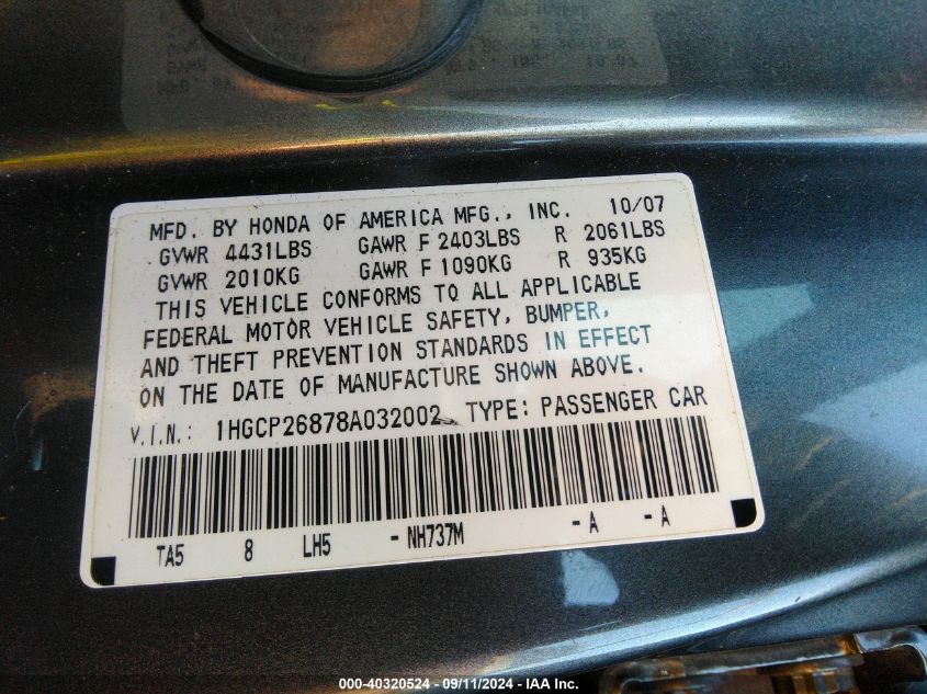 1HGCP26878A032002 2008 Honda Accord 2.4 Ex-L