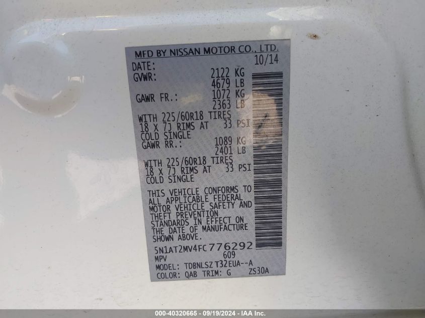 2015 Nissan Rogue Sl VIN: 5N1AT2MV4FC776292 Lot: 40320665