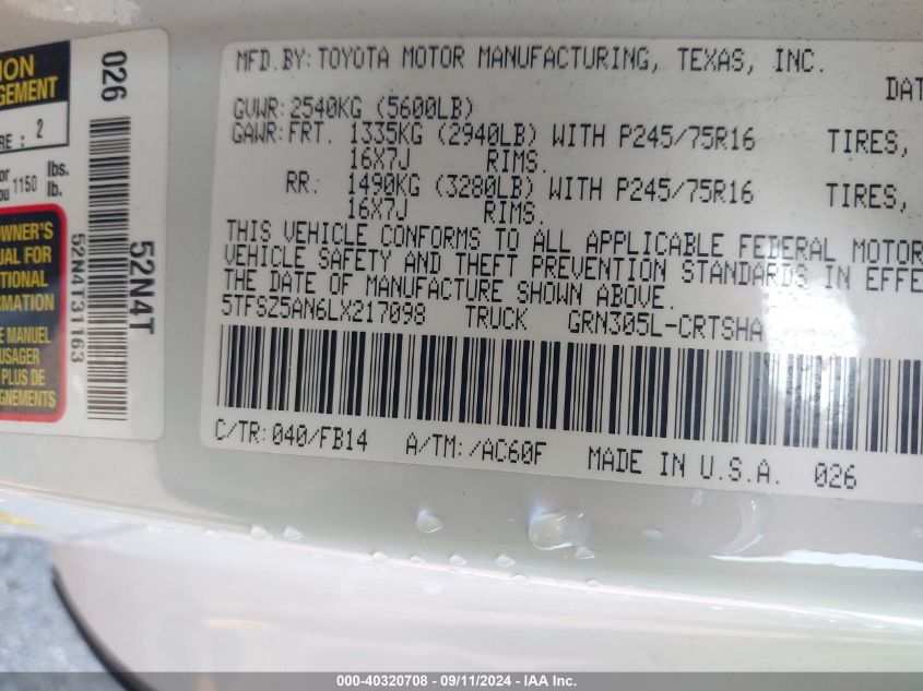 2020 Toyota Tacoma Access Cab/Sr/Sr5/Trd Spo VIN: 5TFSZ5AN6LX217098 Lot: 40320708