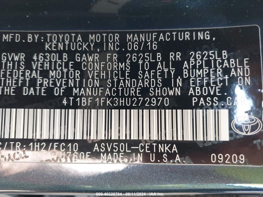 4T1BF1FK3HU272970 2017 Toyota Camry Le/Xle/Se/Xse