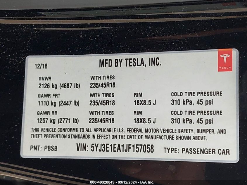 2018 TESLA MODEL 3 LONG RANGE/MID RANGE - 5YJ3E1EA1JF157058