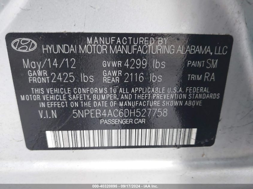 5NPEB4AC6DH527758 2013 Hyundai Sonata Gls