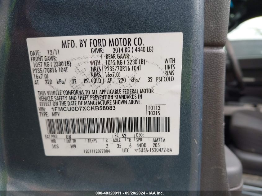 1FMCU0D7XCKB58083 2012 Ford Escape Xlt