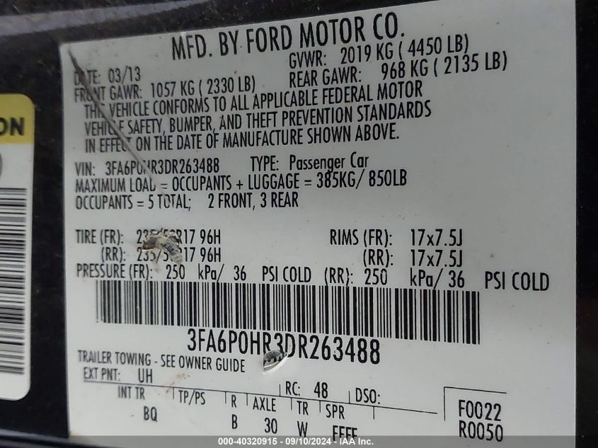 2013 Ford Fusion Se VIN: 3FA6P0HR3DR263488 Lot: 40320915