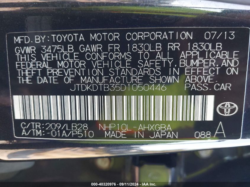 JTDKDTB35D1050446 2013 Toyota Prius C