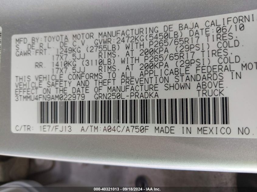 2010 Toyota Tacoma Base V6 VIN: 3TMMU4FN9AM022979 Lot: 40321013