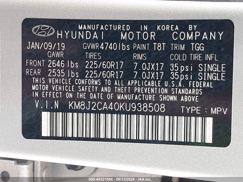 KM8J2CA40KU938508 2019 Hyundai Tucson Se