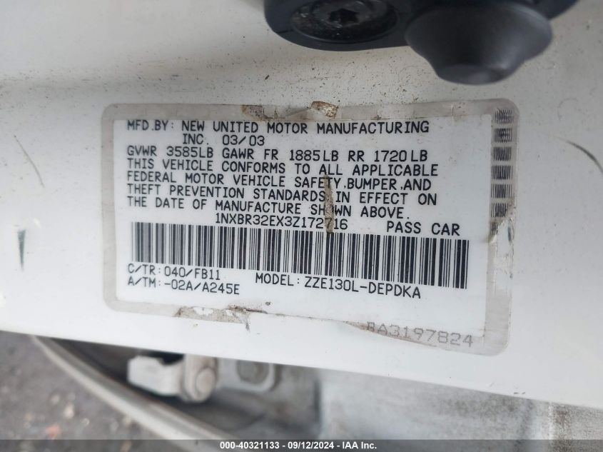 2003 Toyota Corolla Ce VIN: 1NXBR32EX3Z172716 Lot: 40321133