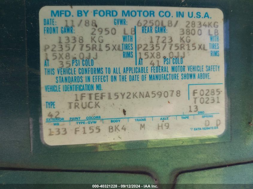 1FTEF15Y2KNA59078 1989 Ford F150