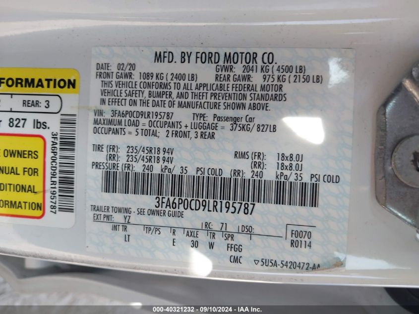 2020 Ford Fusion Sel VIN: 3FA6P0CD9LR195787 Lot: 40321232