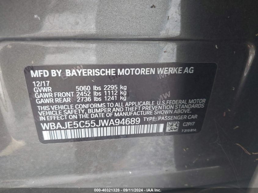 2018 BMW 540I VIN: WBAJE5C55JWA94689