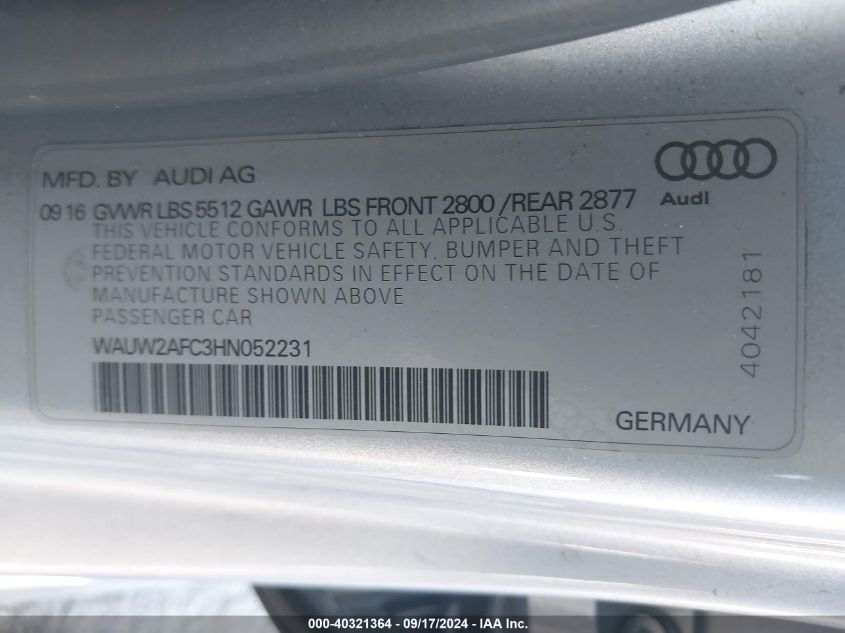 2017 Audi A7 3.0T Premium Plus VIN: WAUW2AFC3HN052231 Lot: 40321364