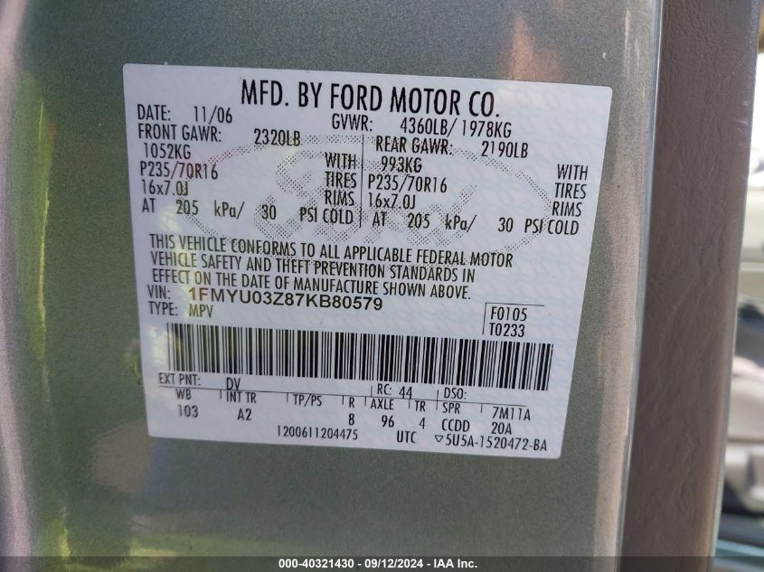 1FMYU03Z87KB80579 2007 Ford Escape Xlt