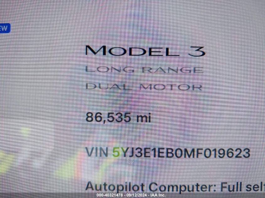 2021 Tesla Model 3 VIN: 5YJ3E1EB0MF019623 Lot: 40321478