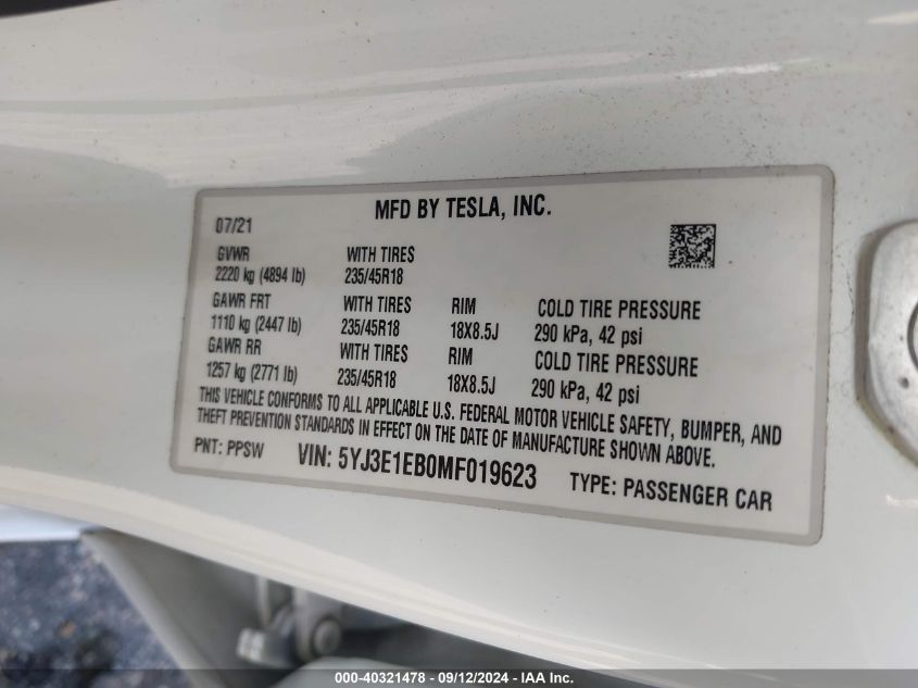 2021 Tesla Model 3 VIN: 5YJ3E1EB0MF019623 Lot: 40321478