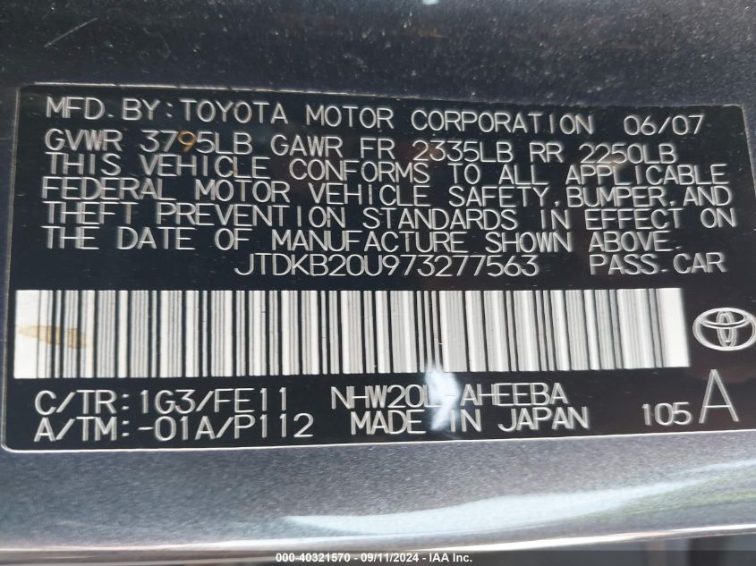 2007 Toyota Prius VIN: JTDKB20U973277563 Lot: 40321570