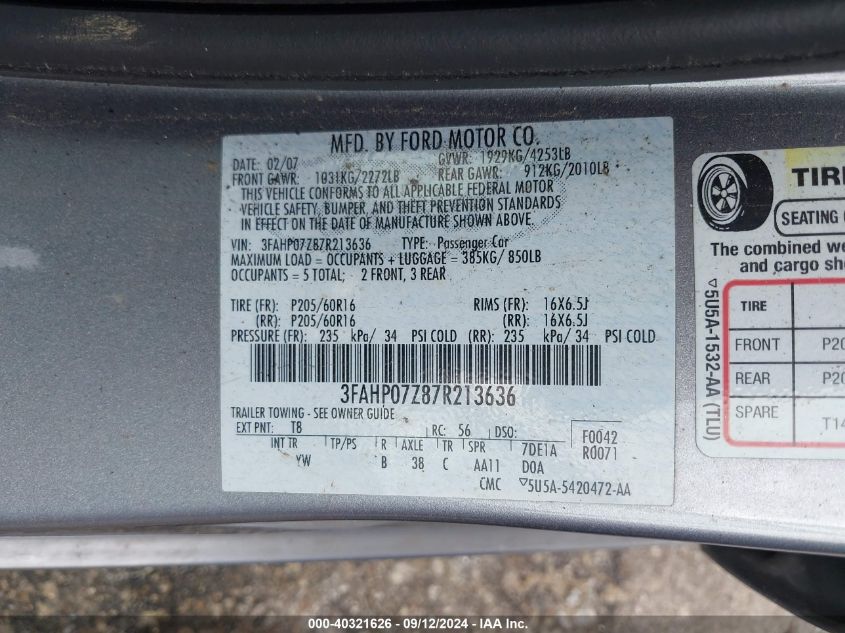3FAHP07Z87R213636 2007 Ford Fusion Se