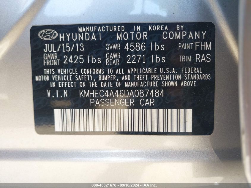 2013 Hyundai Sonata Hybrid Limited VIN: KMHEC4A46DA087484 Lot: 40321678