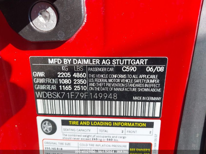 WDBSK71F79F149948 2009 Mercedes-Benz Sl 550