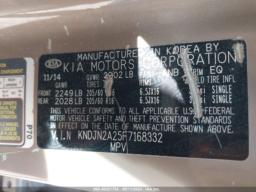 2015 Kia Soul VIN: KNDJN2A25F7168332 Lot: 40321754