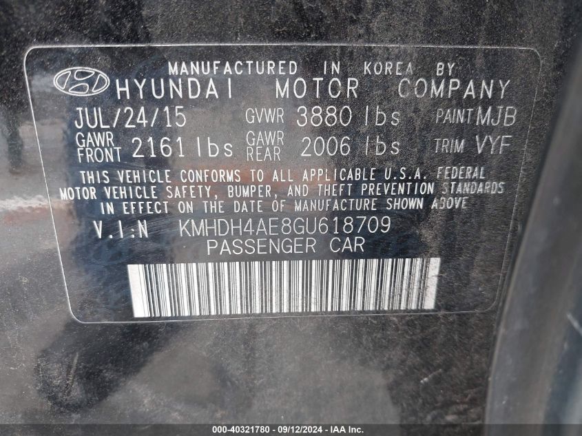 2016 Hyundai Elantra Se VIN: KMHDH4AE8GU618709 Lot: 40321780