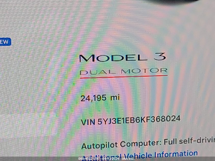 2019 TESLA MODEL 3 LONG RANGE/PERFORMANCE - 5YJ3E1EB6KF368024