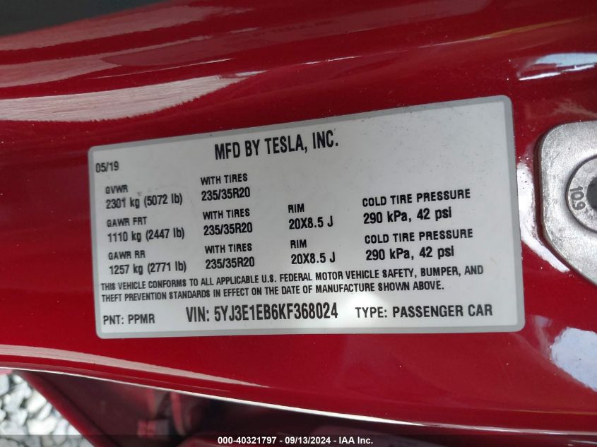 2019 Tesla Model 3 Long Range/Performance VIN: 5YJ3E1EB6KF368024 Lot: 40321797