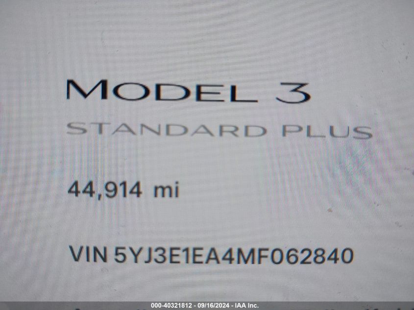 2021 Tesla Model 3 Standard Range Plus Rear-Wheel Drive VIN: 5YJ3E1EA4MF062840 Lot: 40321812