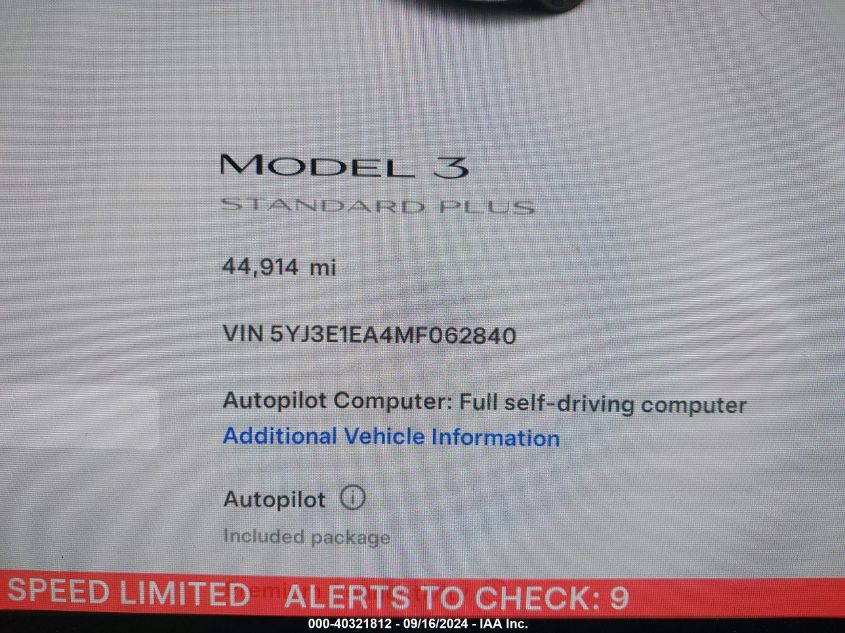 2021 Tesla Model 3 Standard Range Plus Rear-Wheel Drive VIN: 5YJ3E1EA4MF062840 Lot: 40321812