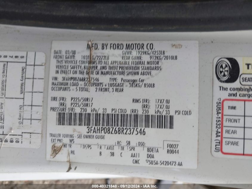 2008 Ford Fusion Sel VIN: 3FAHP08Z68R237546 Lot: 40321848