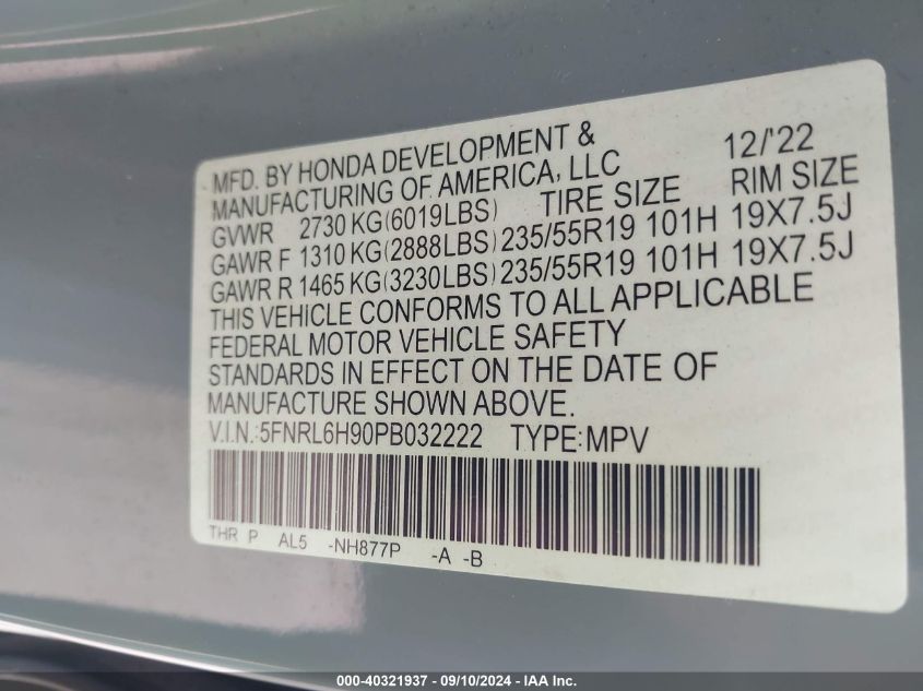 2023 Honda Odyssey Elite VIN: 5FNRL6H90PB032222 Lot: 40321937