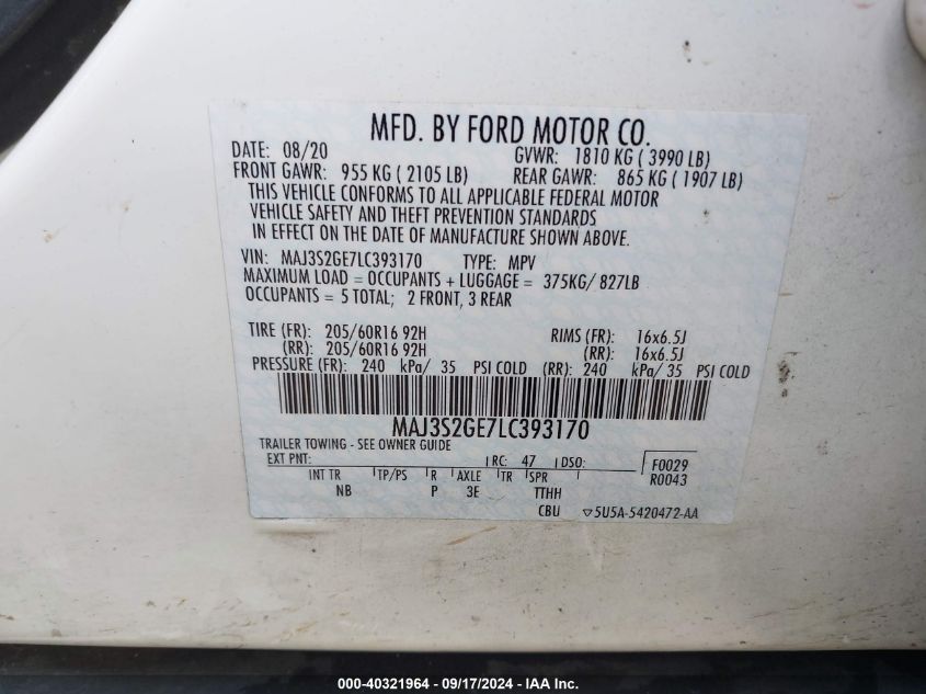 MAJ3S2GE7LC393170 2020 Ford Ecosport Se