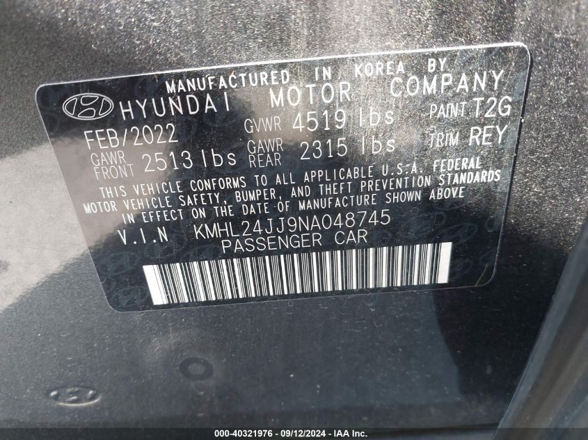 2022 Hyundai Sonata Hybrid Blue VIN: KMHL24JJ9NA048745 Lot: 40321976