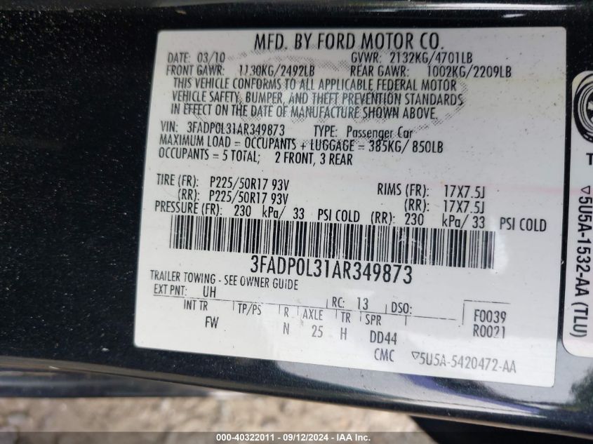 2010 Ford Fusion Hybrid VIN: 3FADP0L31AR349873 Lot: 40322011