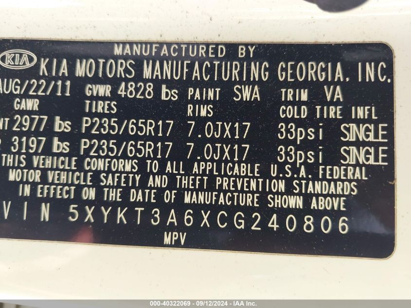5XYKT3A6XCG240806 2012 Kia Sorento Lx