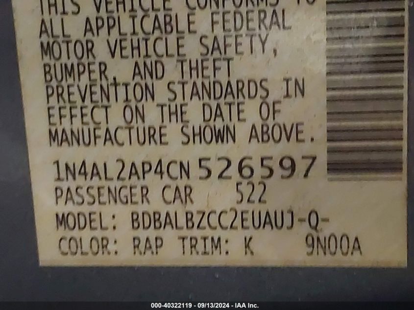 2012 Nissan Altima 2.5 S VIN: 1N4AL2AP4CN526597 Lot: 40322119