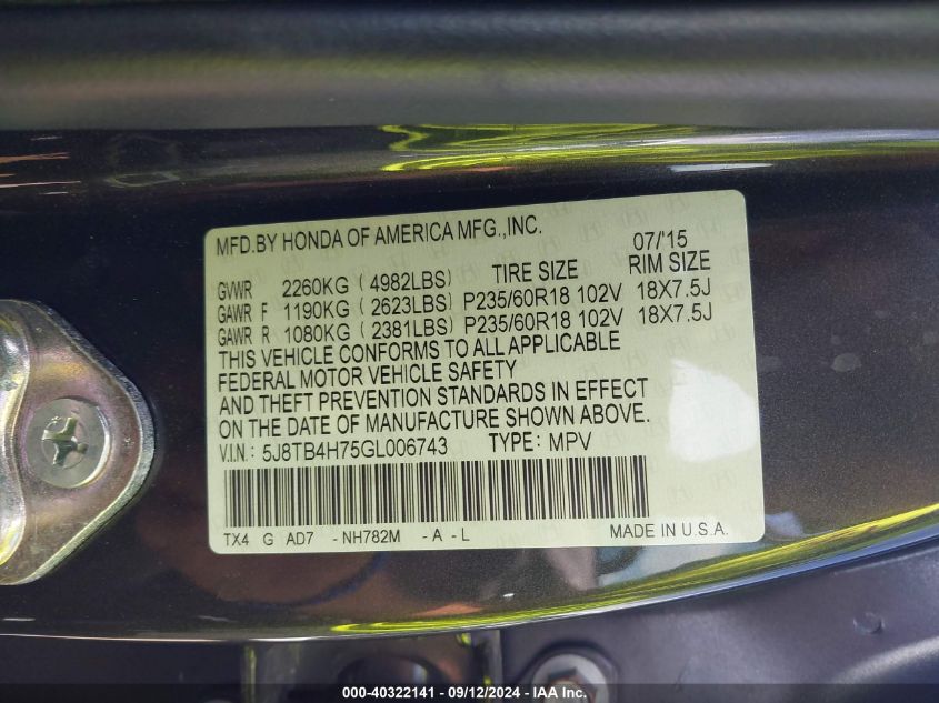 5J8TB4H75GL006743 2016 Acura Rdx Advance Package