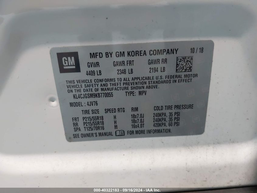 2019 Buick Encore Essence VIN: KL4CJGSM9KB770055 Lot: 40322183