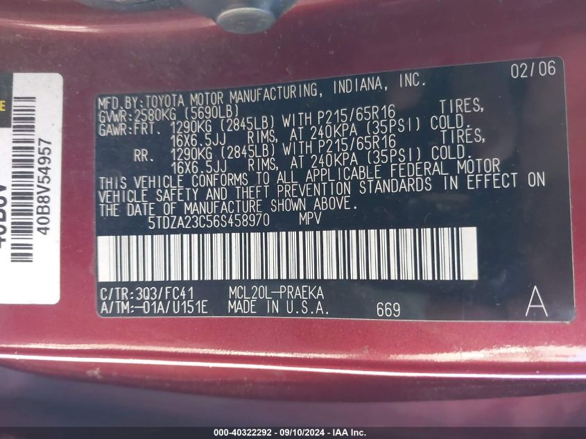 5TDZA23C56S458970 2006 Toyota Sienna Le