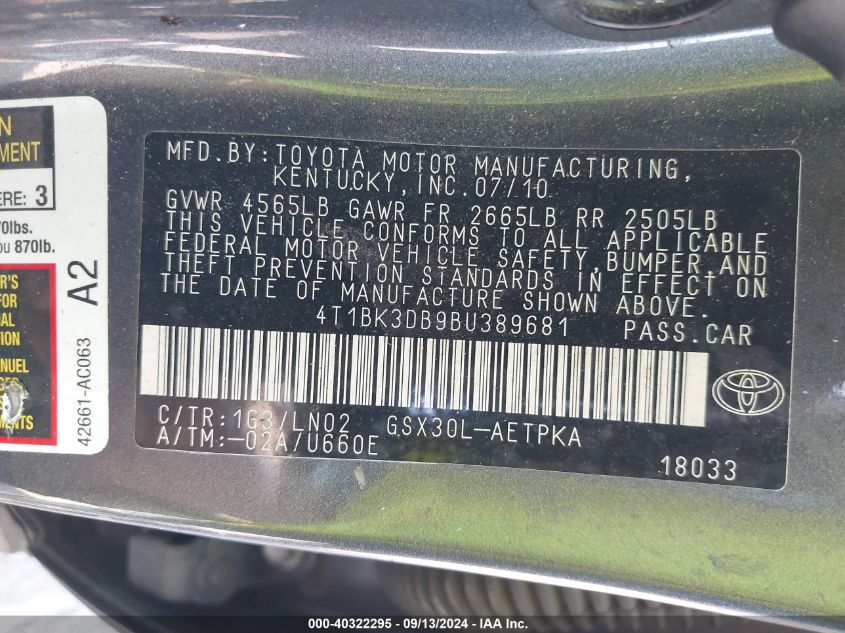 4T1BK3DB9BU389681 2011 Toyota Avalon Limited