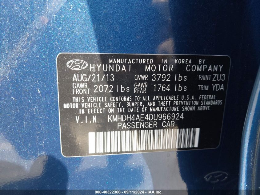 2013 Hyundai Elantra Gls VIN: KMHDH4AE4DU966924 Lot: 40322306