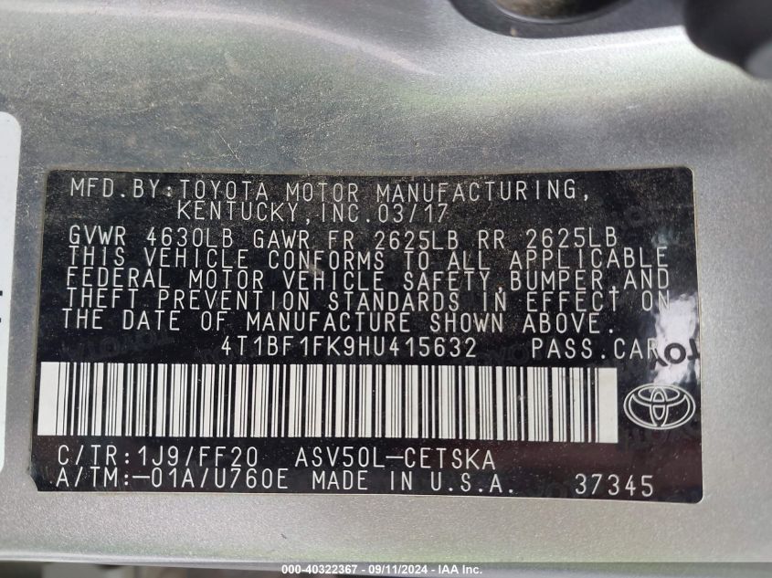 4T1BF1FK9HU415632 2017 Toyota Camry Se