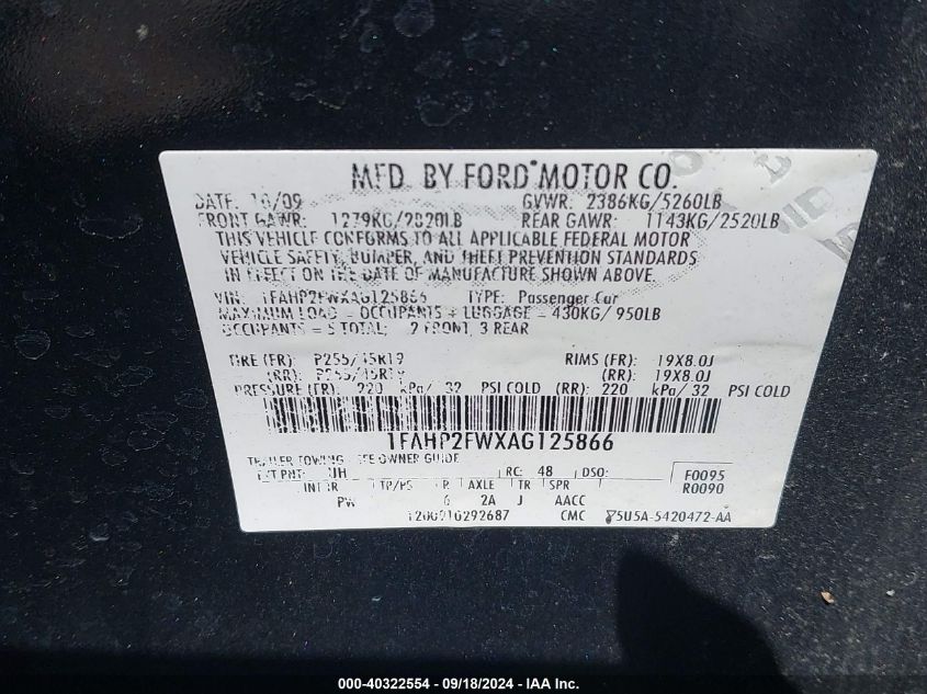 1FAHP2FWXAG125866 2010 Ford Taurus Limited