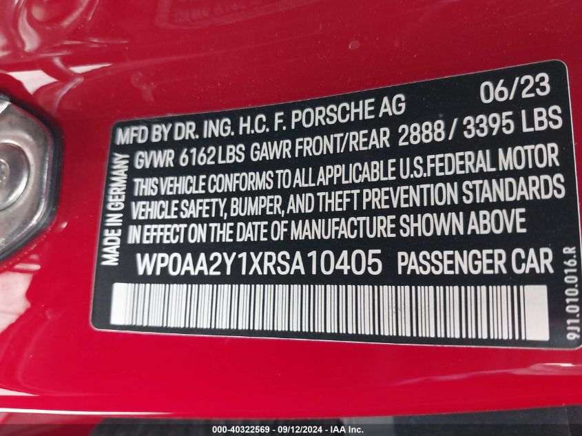 2024 Porsche Taycan VIN: WP0AA2Y1XRSA10405 Lot: 40322569