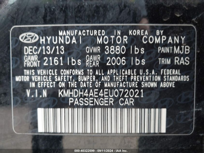 2014 Hyundai Elantra Limited VIN: KMHDH4AE4EU072021 Lot: 40322599