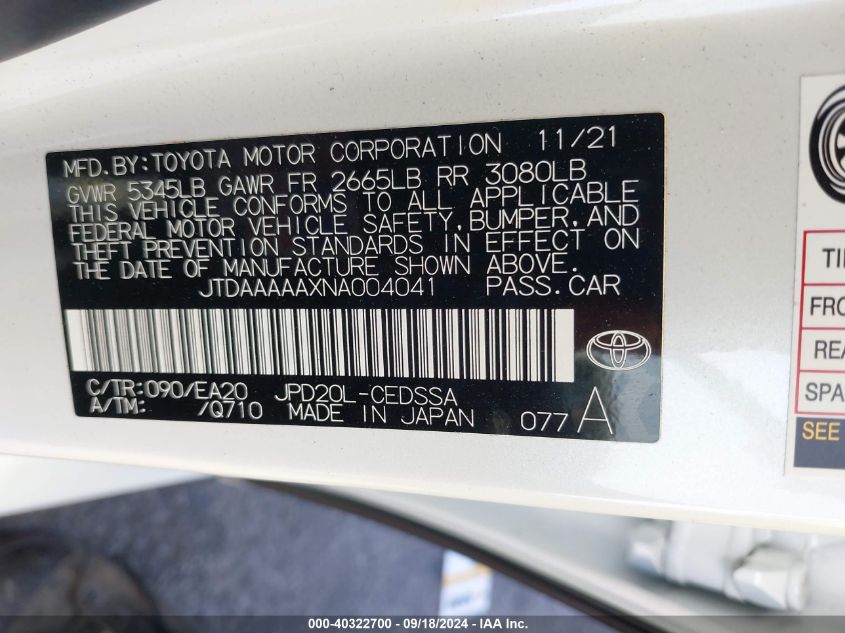 JTDAAAAAXNA004041 2022 Toyota Mirai Xle