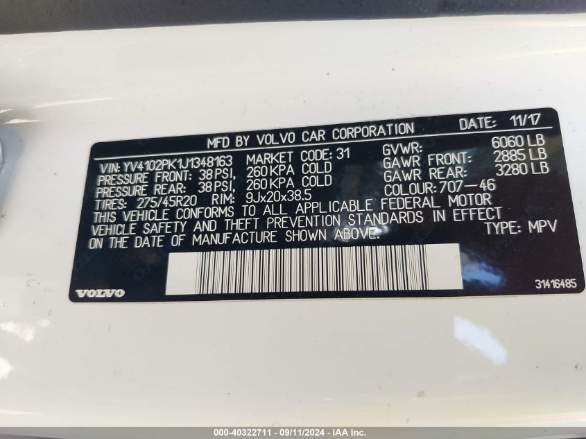 YV4102PK1J1348163 2018 Volvo Xc90 T5 Momentum