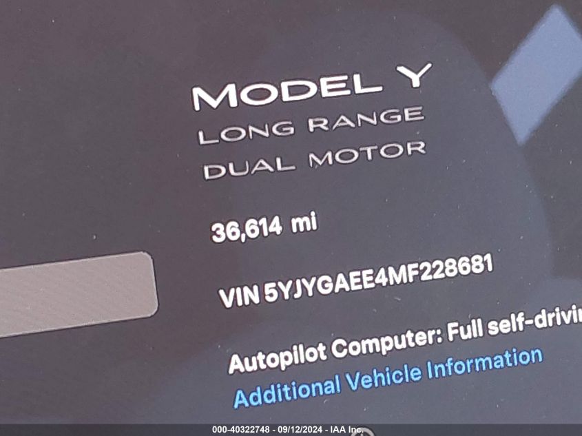 2021 Tesla Model Y Long Range Dual Motor All-Wheel Drive VIN: 5YJYGAEE4MF228681 Lot: 40322748