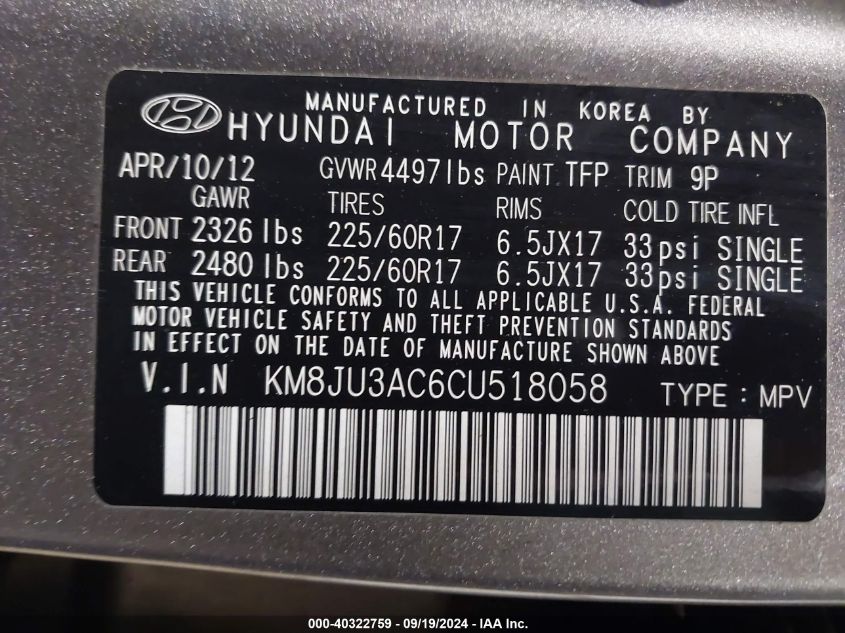 KM8JU3AC6CU518058 2012 Hyundai Tucson Gls