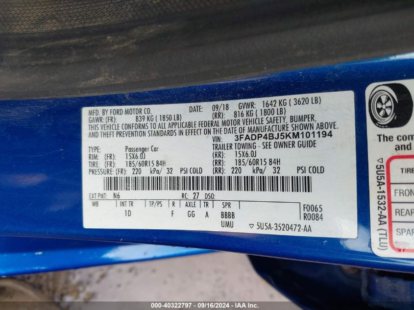 2019 FORD FIESTA SE - 3FADP4BJ5KM101194